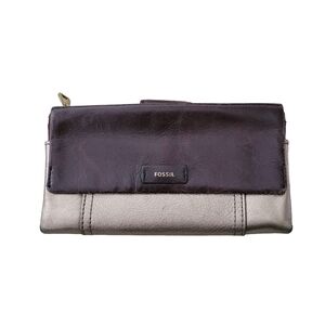 Fossil Wallet Metallic Pewter & Brown Cow Hide Leather